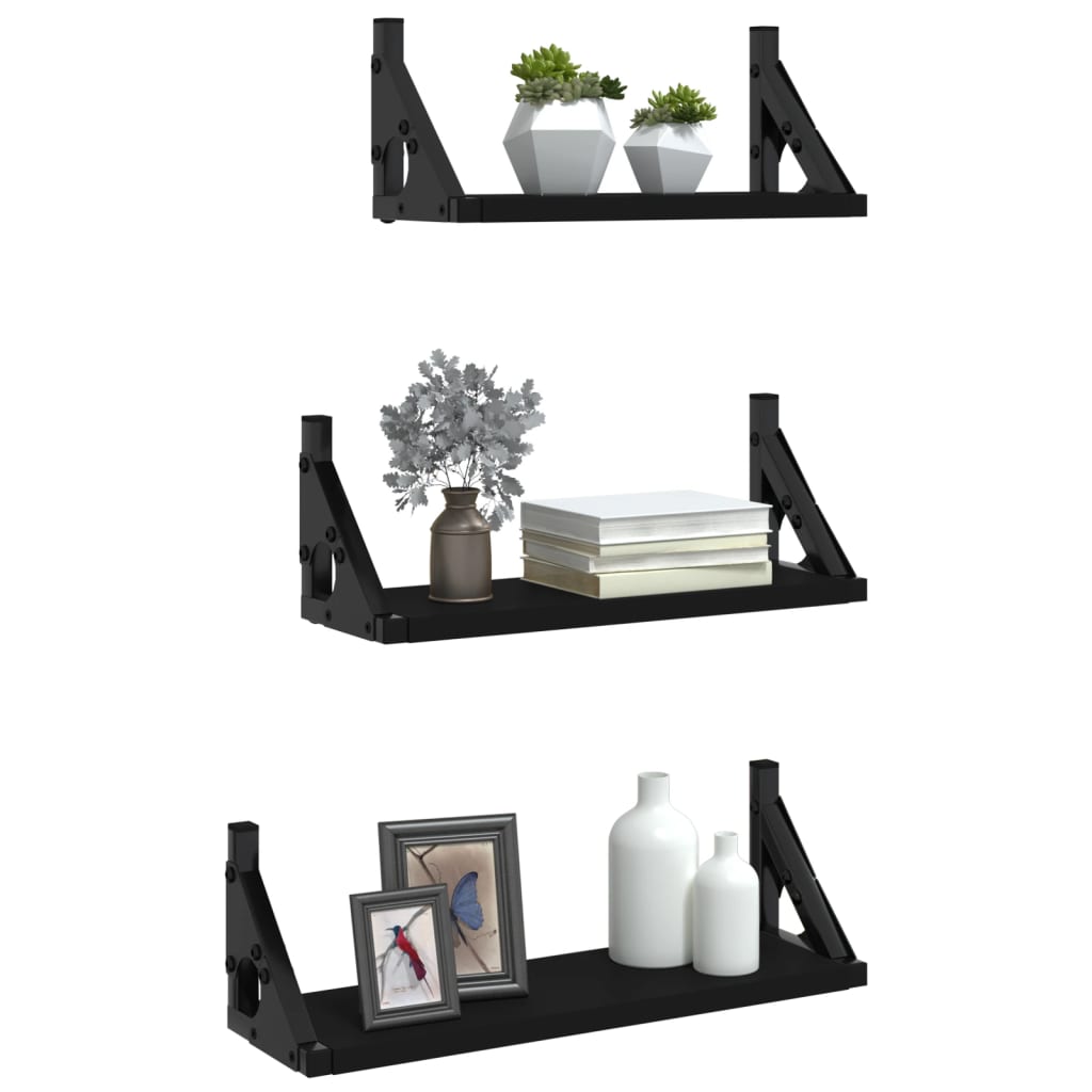 3 Piece Wall Shelf Set Black Engineered Wood