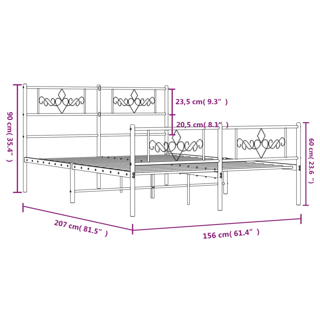 Metal Bed Frame without Mattress with Footboard Black 150x200 cm