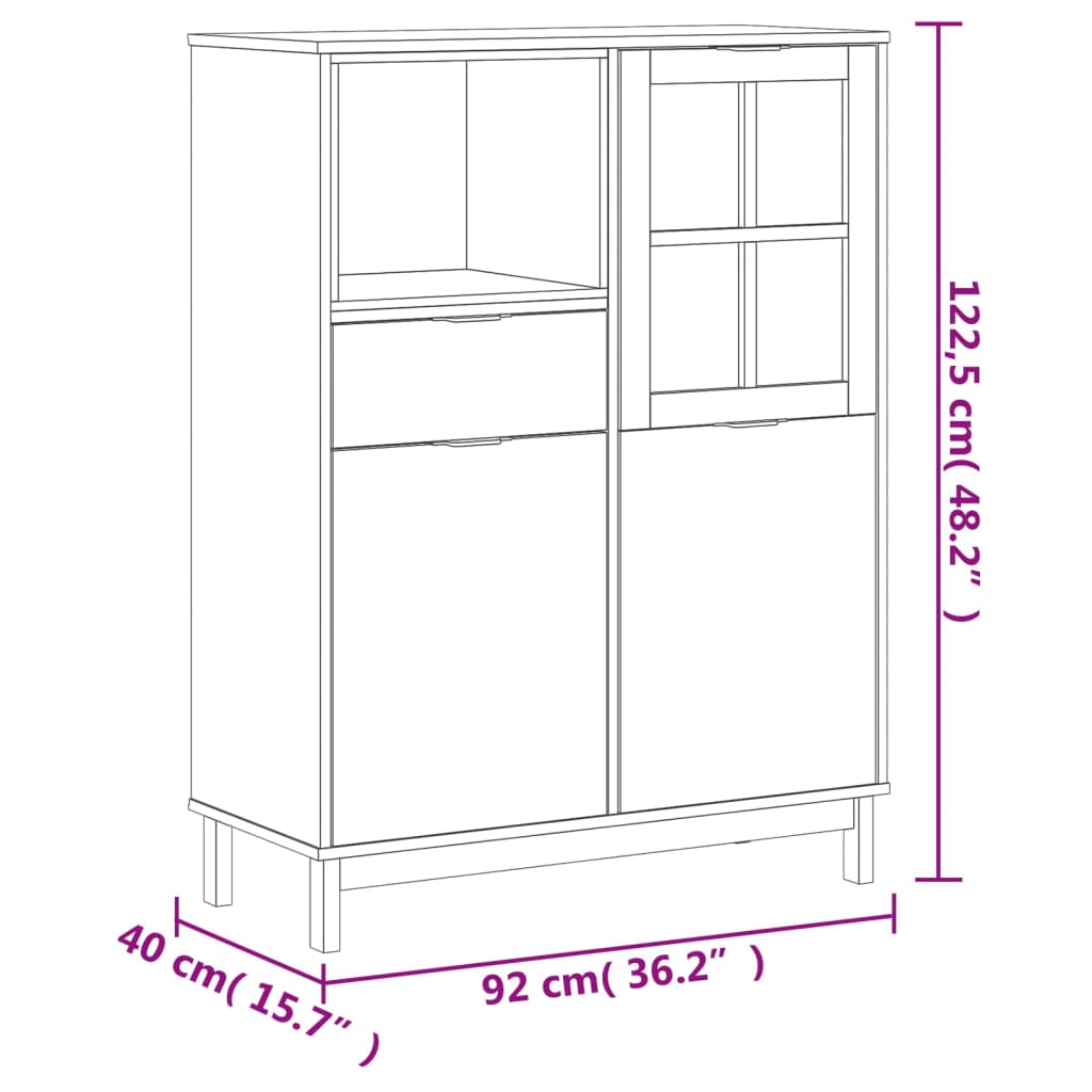 Highboard With Glass Door Flam 92X40X122.5 Cm Solid Wood Pine