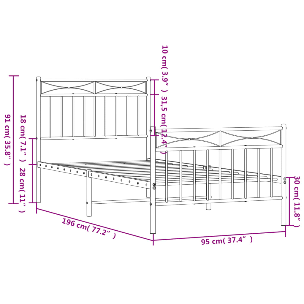 Metal Bed Frame without Mattress with Footboard Black 90x190 cm