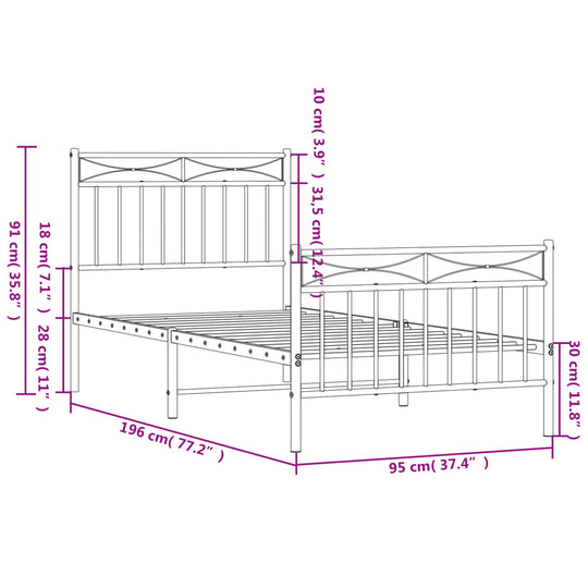 Metal Bed Frame without Mattress with Footboard Black 90x190 cm