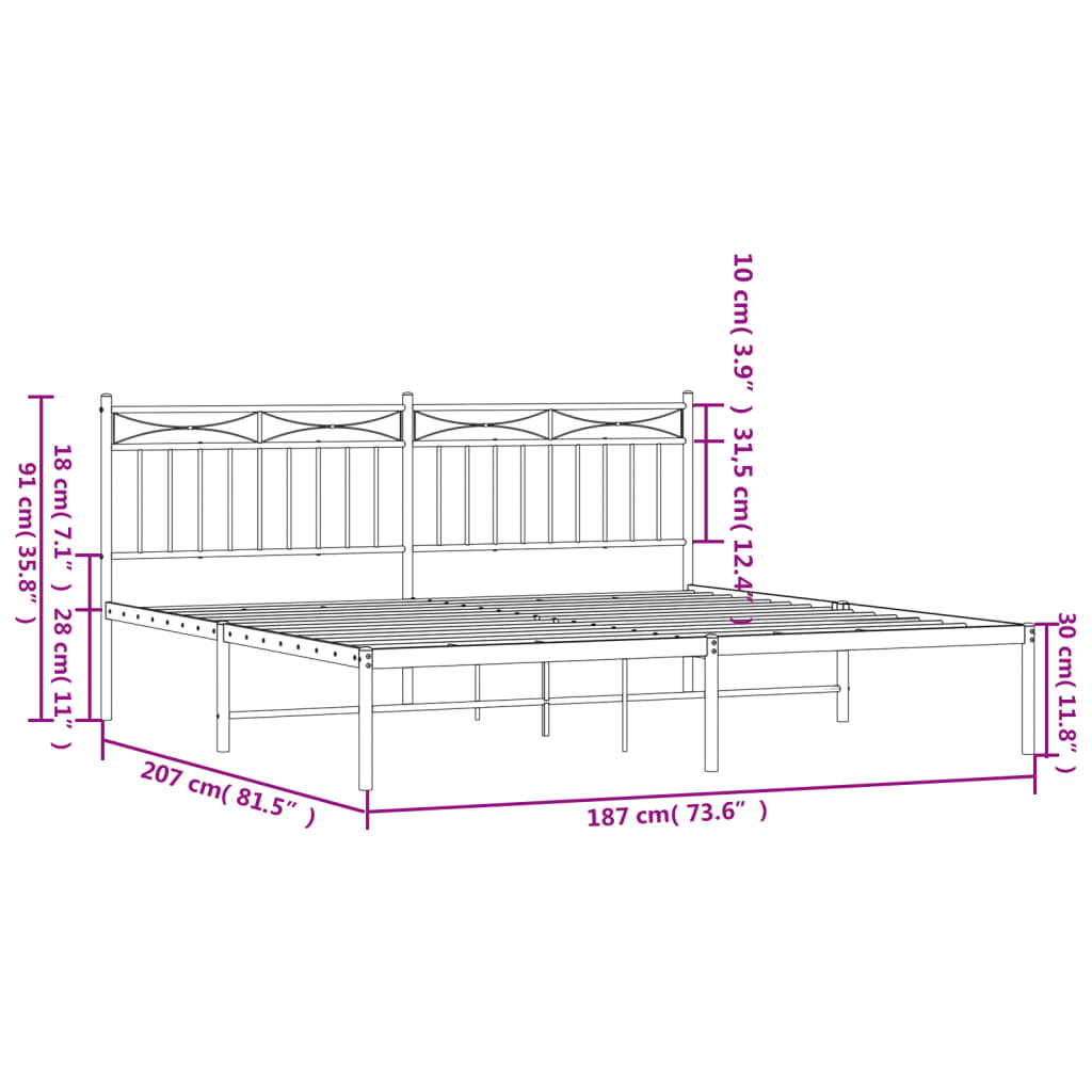 Metal Bed Frame without Mattress with Headboard White 183x203 cm King