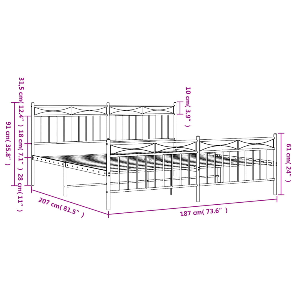 Metal Bed Frame without Mattress with Footboard White 183x203 cm King