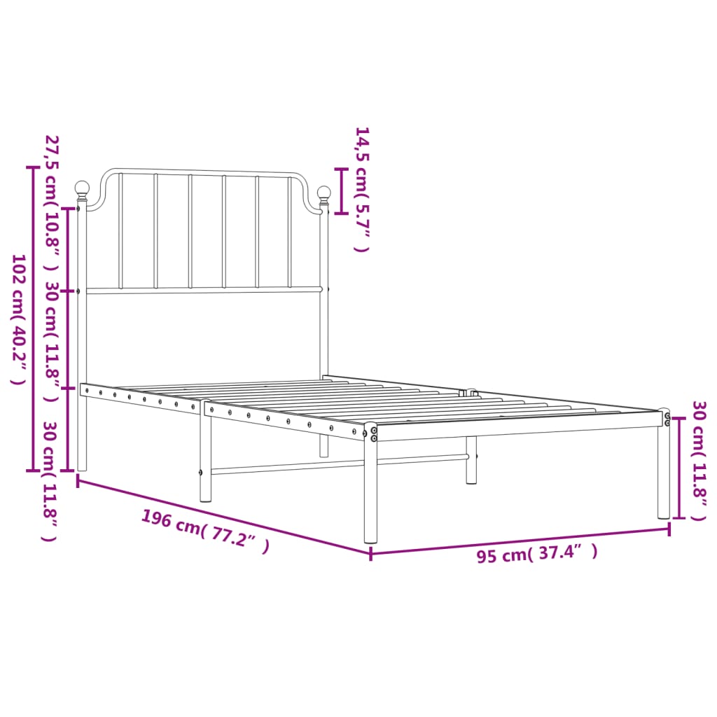 Metal Bed Frame without Mattress with Headboard Black 90x190 cm