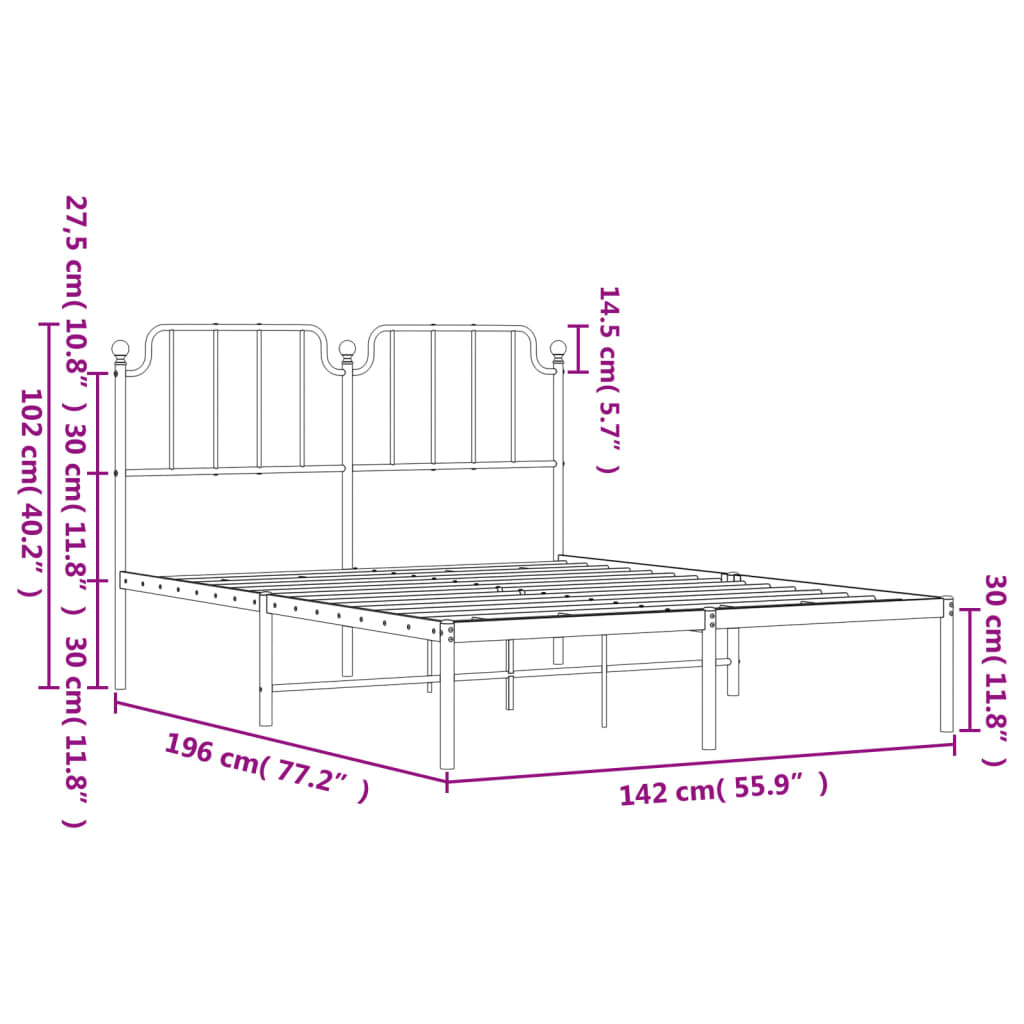 Metal Bed Frame without Mattress with Headboard Black 135x190 cm