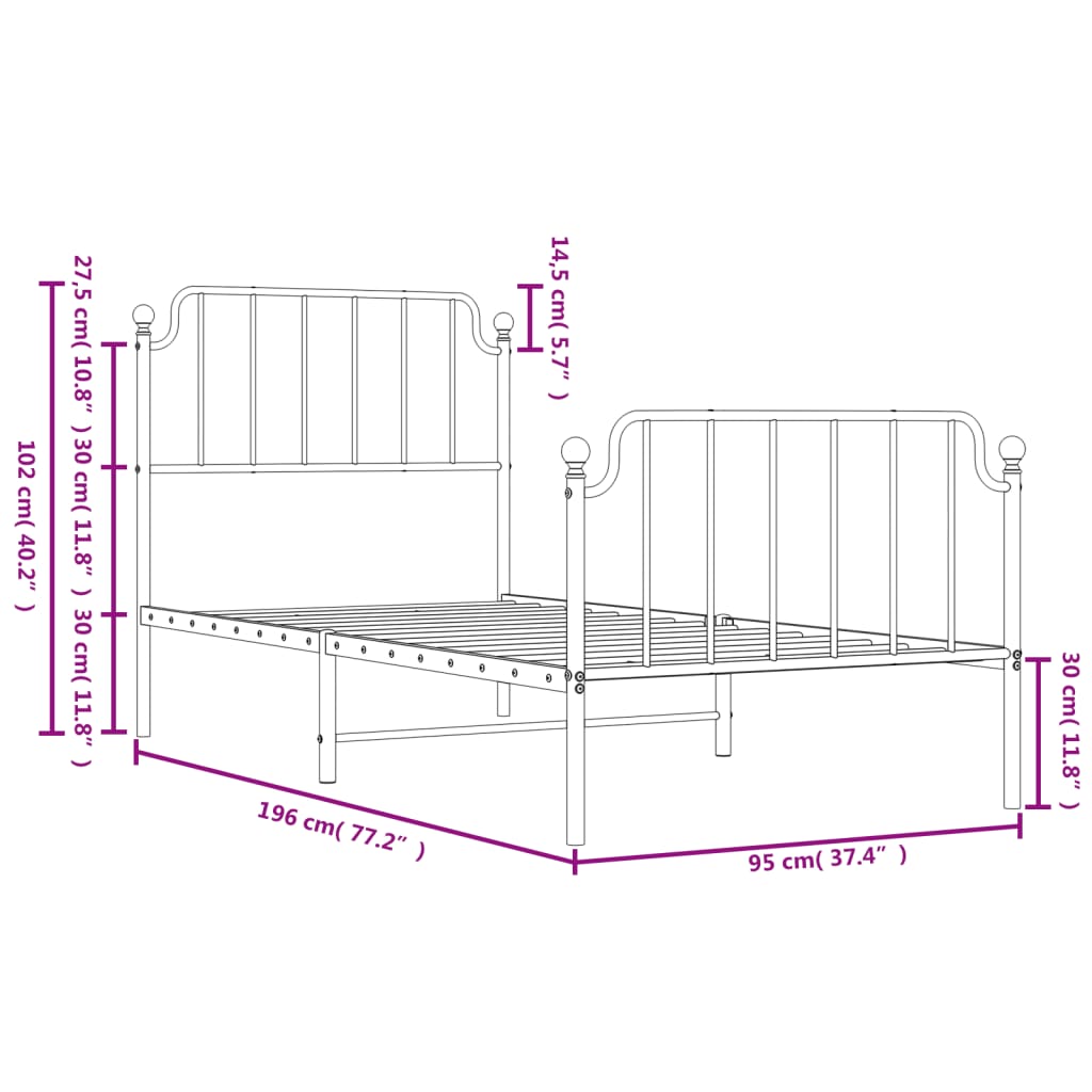 Metal Bed Frame without Mattress with Footboard Black 90x190 cm