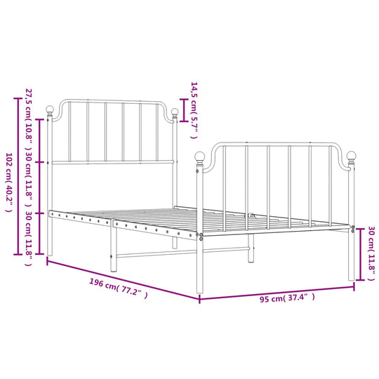 Metal Bed Frame without Mattress with Footboard White 90x190 cm