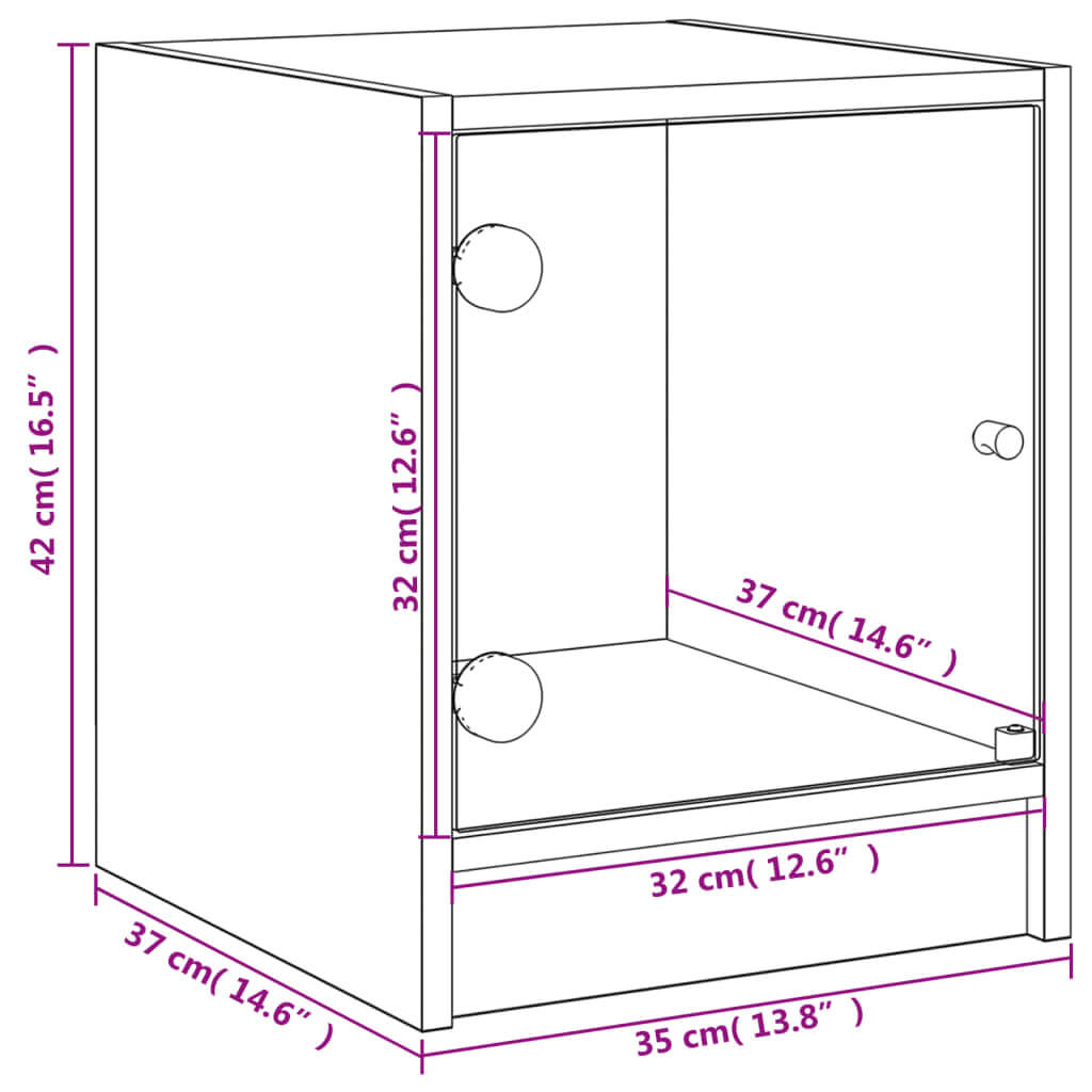 Dimensions diagram of black bedside cabinet with glass door showing measurements: 35x37x42 cm for affordable and quality storage.