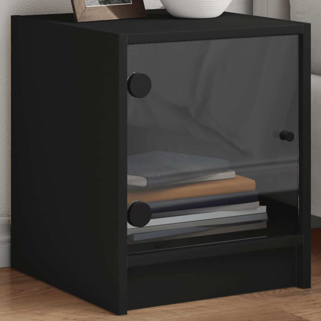 Affordable quality bedside cabinet with glass door, ample storage space, black color, 35x37x42 cm, ideal value for home decor.