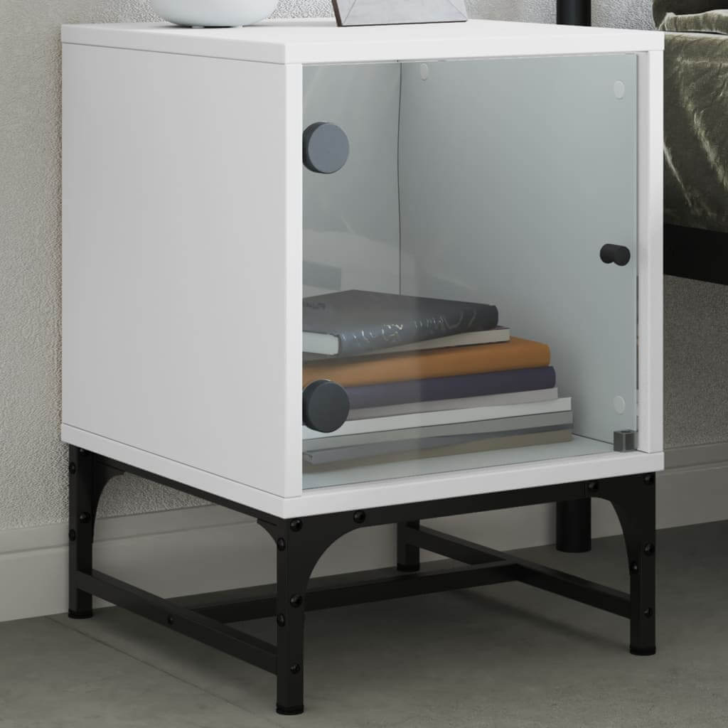 White bedside cabinet with glass door, offering affordable and quality storage for a stylish interior decor, showcasing books inside.