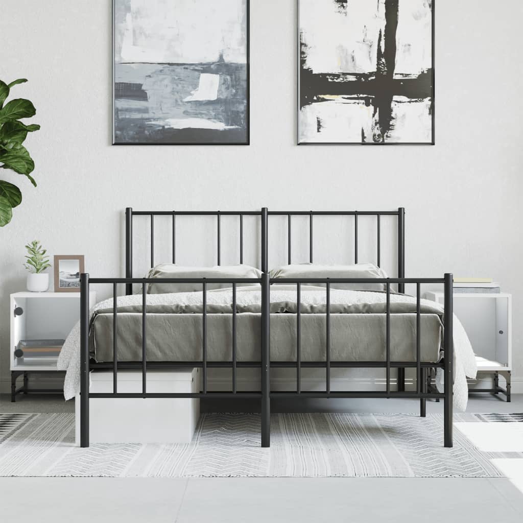 Modern bedroom with metal bed frame, white bedside cabinets, and abstract wall art.