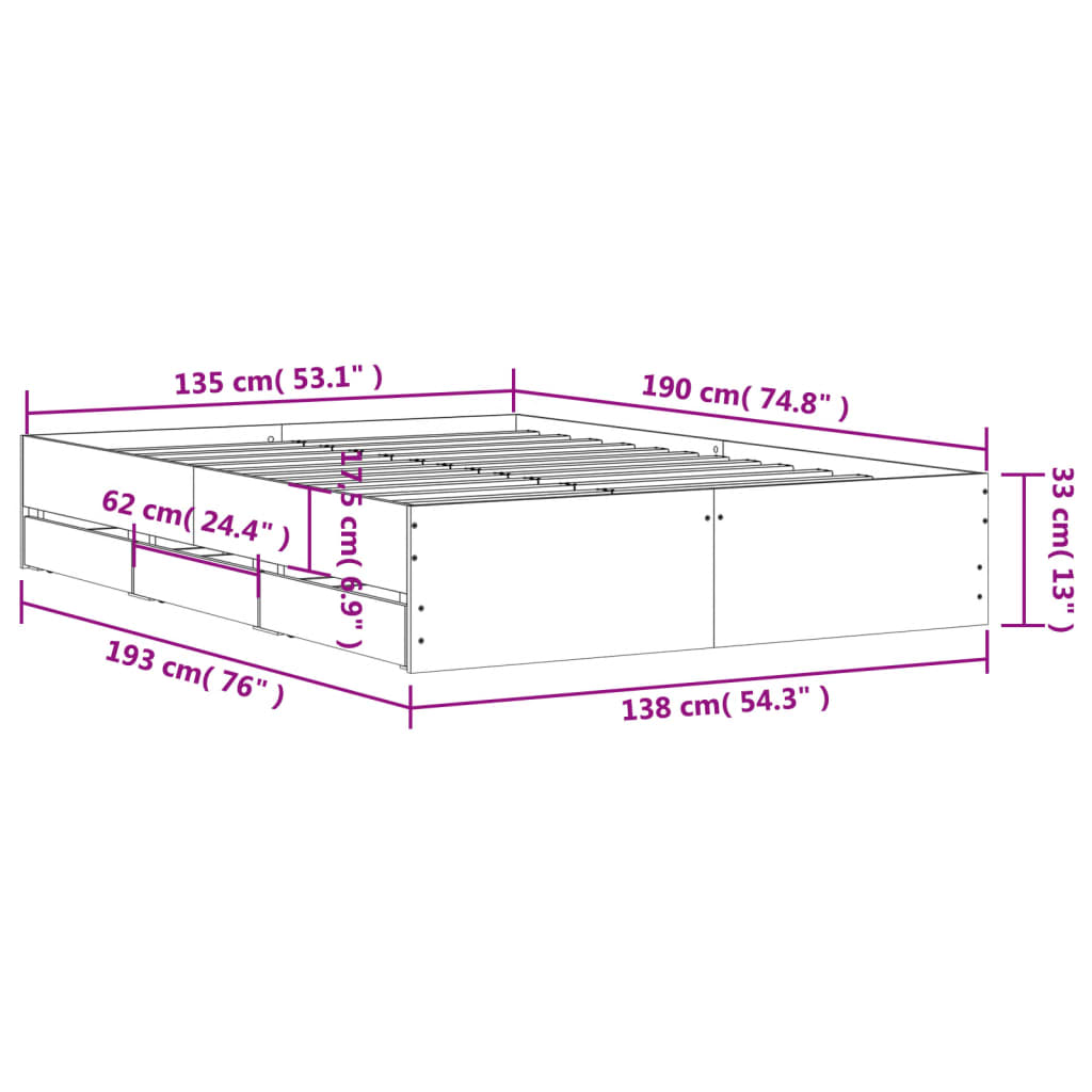 Bed Frame with Drawers without Mattress Sonoma Oak 135x190 cm