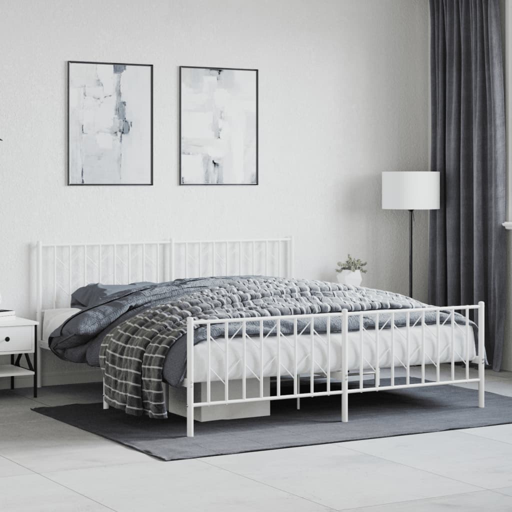 Metal Bed Frame without Mattress with Footboard White 183x203 cm King