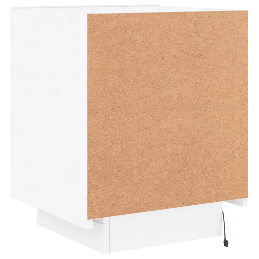 Affordable white bedside cabinet with LED lights and engineered wood for quality, durability, and value.