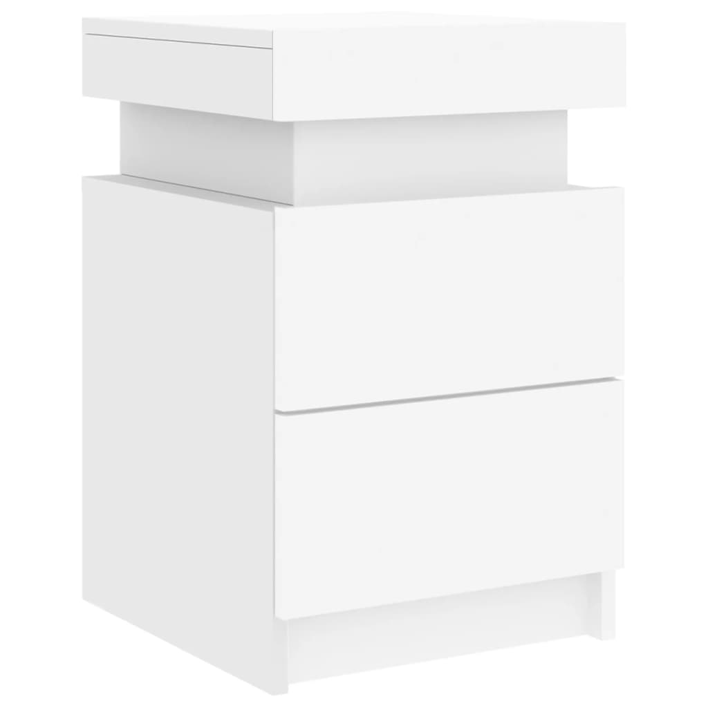 White bedside cabinet with LED lights and two drawers, 35x39x55 cm, offering quality and affordable storage space for bedrooms.