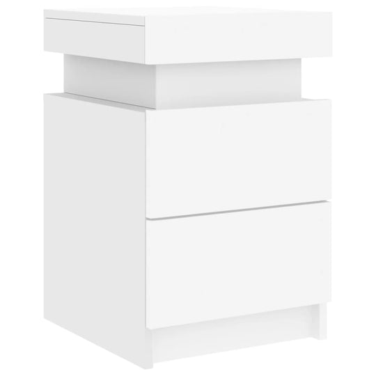 White bedside cabinet with LED lights and two drawers, 35x39x55 cm, offering quality and affordable storage space for bedrooms.