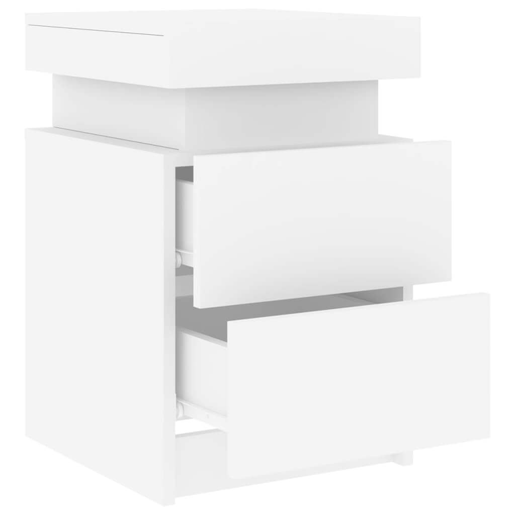 Affordable quality white bedside cabinet with LED lights, open drawers showing ample storage space for magazines and books, 35x39x55 cm