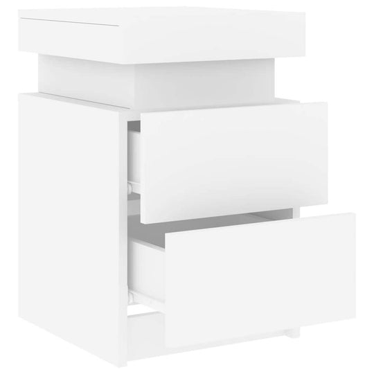 Affordable quality white bedside cabinet with LED lights, open drawers showing ample storage space for magazines and books, 35x39x55 cm