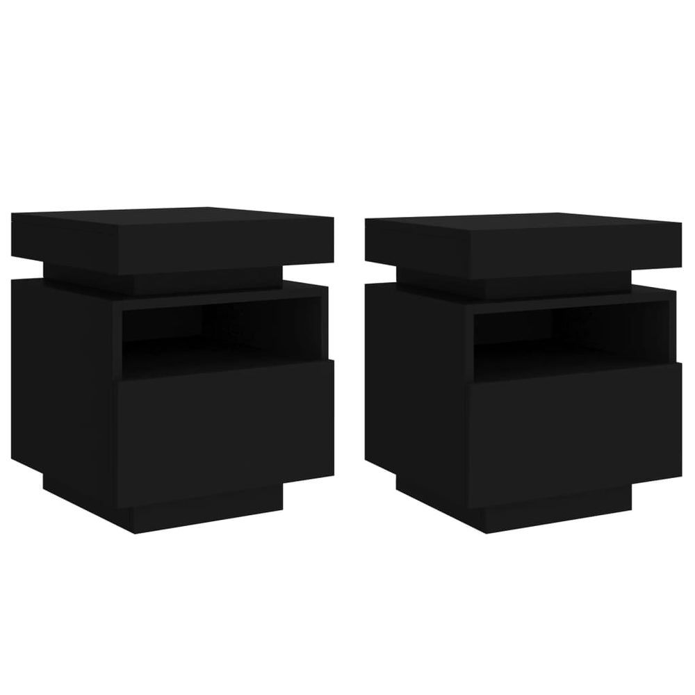 Affordable black bedside cabinets with RGB LED lights, durable engineered wood, and practical design. Set of 2, 40x39x48.5 cm.