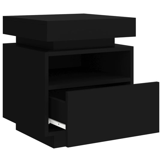 Affordable black bedside cabinet with LED lights and open drawer, 40x39x48.5 cm showing quality material and practical design.