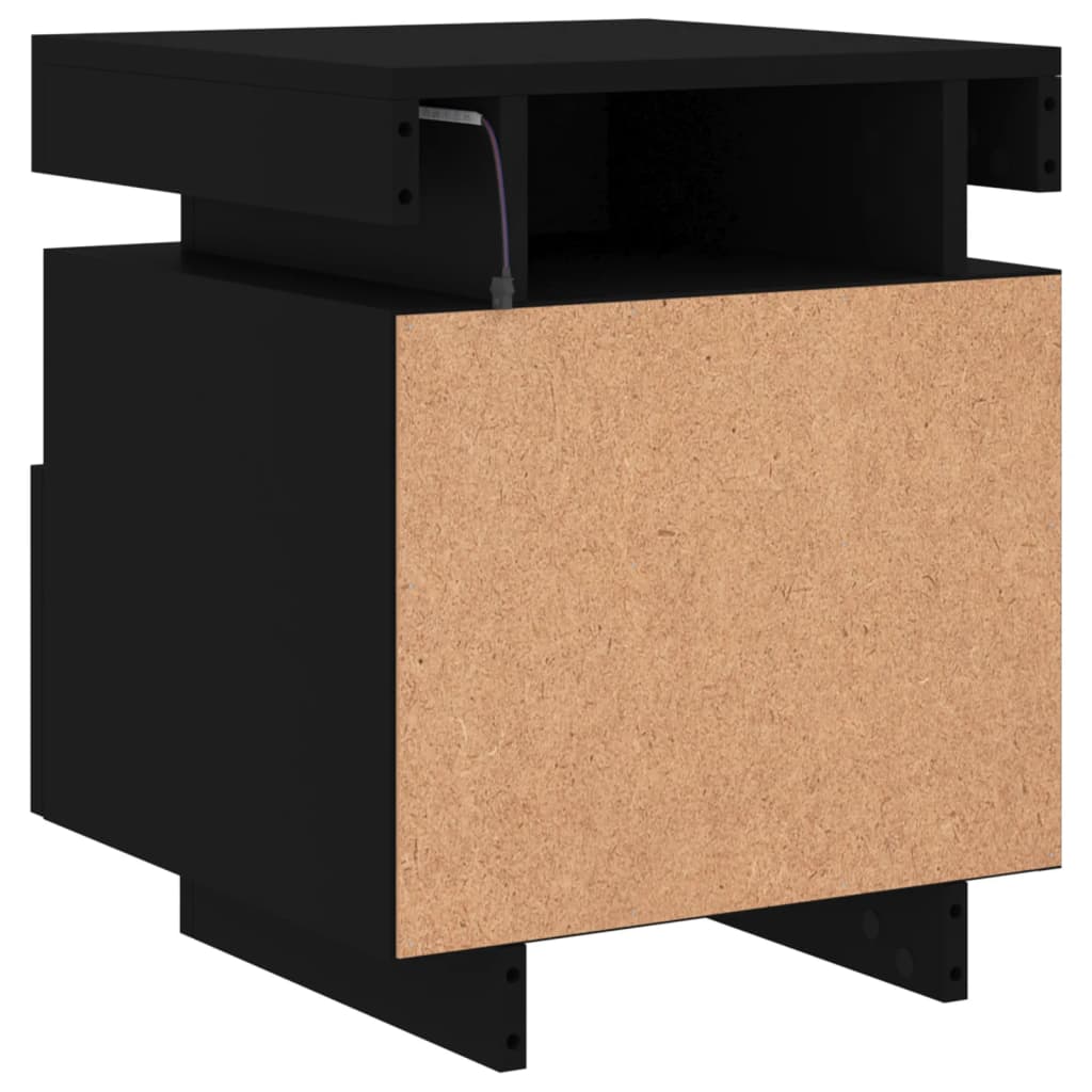 Black bedside cabinet with LED lights showcasing engineered wood and modern design for affordable quality and value.