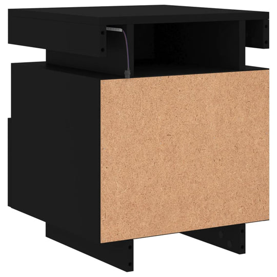 Black bedside cabinet with LED lights showcasing engineered wood and modern design for affordable quality and value.