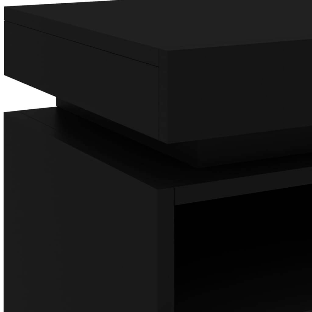 Close-up of black bedside cabinet with a modern design and smooth surface.