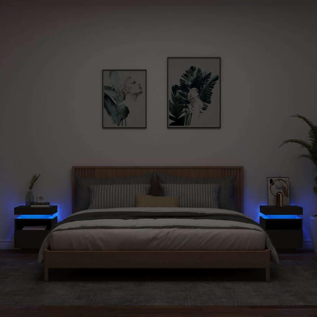 Modern bedroom with black bedside cabinets featuring LED lights, offering affordable, quality, and value furniture options.