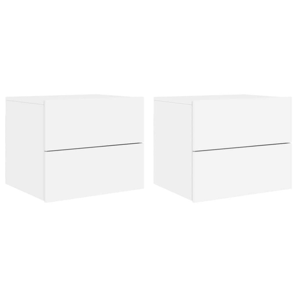 Wall-mounted white bedside cabinets with two drawers, durable engineered wood, affordable with LED lights, quality and value.