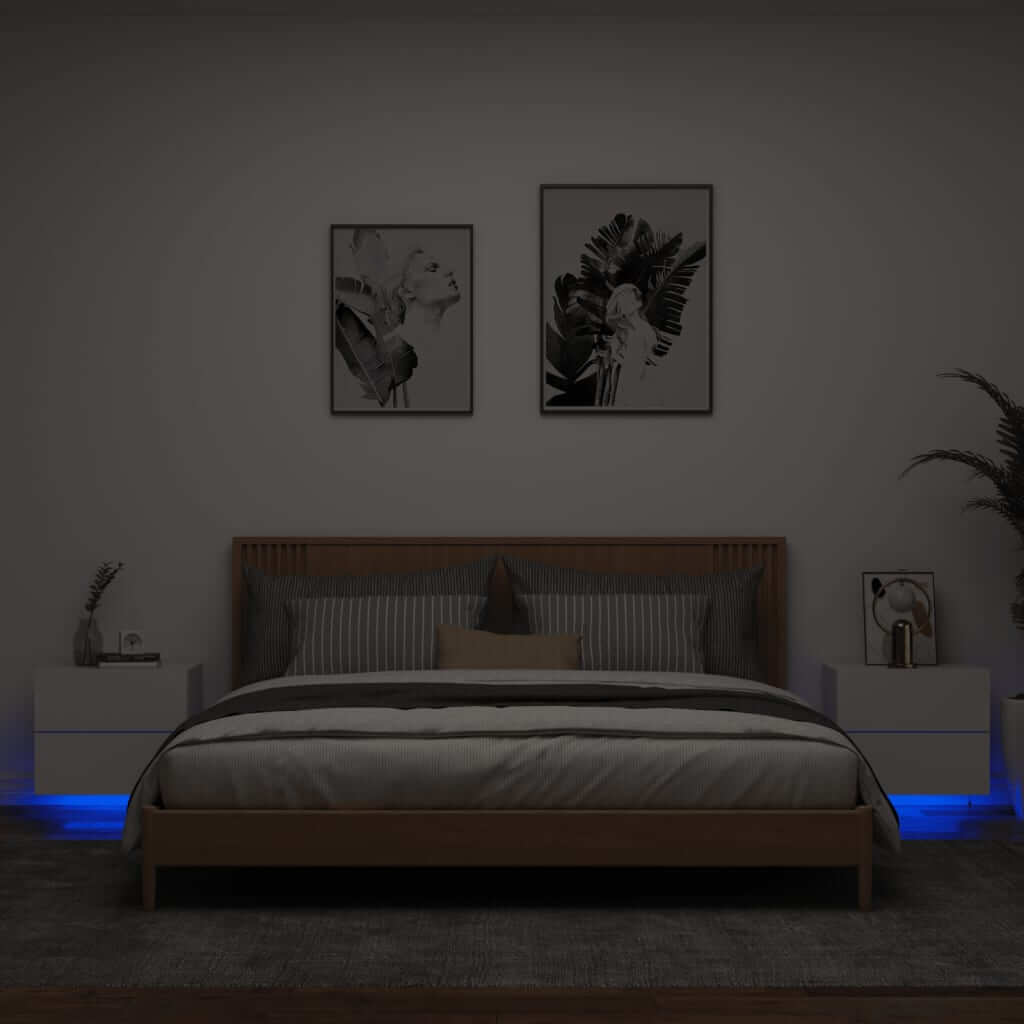 Wall-mounted bedside cabinets with blue LED lights, enhancing a modern bedroom, highlighting affordable and quality design.