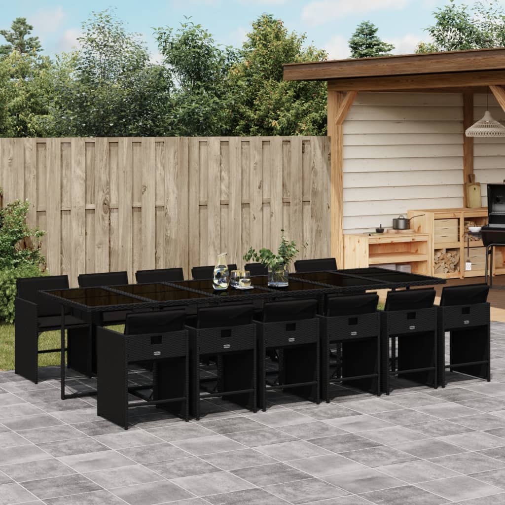 13 Piece Garden Dining Set with Cushions Black Poly Rattan