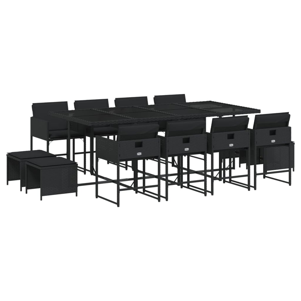 13 Piece Garden Dining Set with Cushions Black Poly Rattan