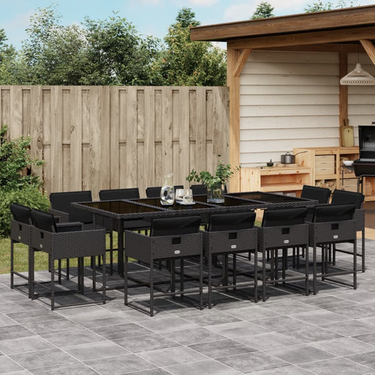 13 Piece Garden Dining Set with Cushions Black Poly Rattan