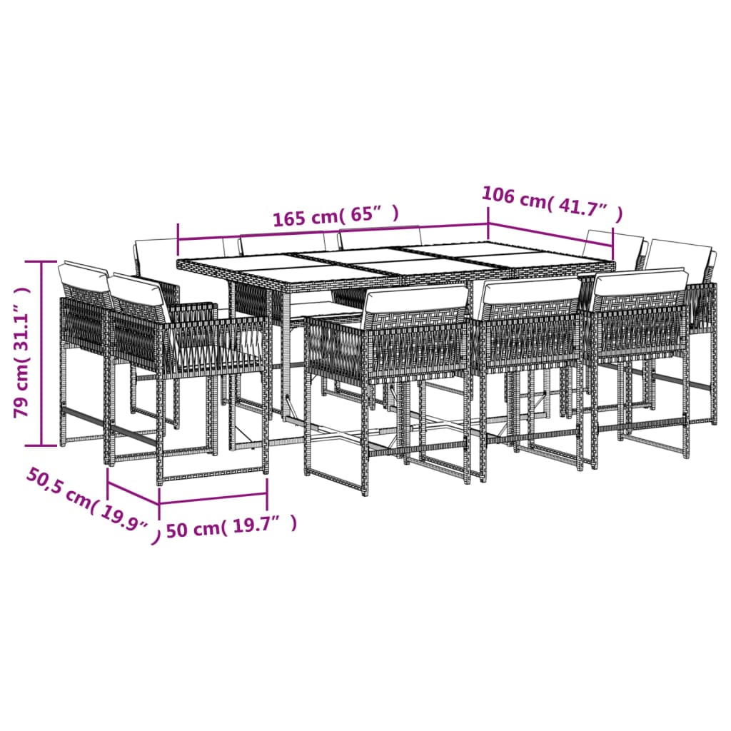 11 Piece Garden Dining Set with Cushions Grey Poly Rattan