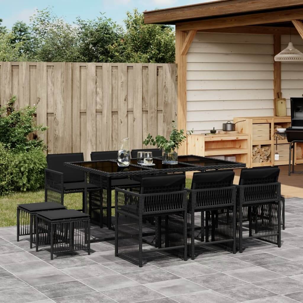 11 Piece Garden Dining Set with Cushions Black Poly Rattan