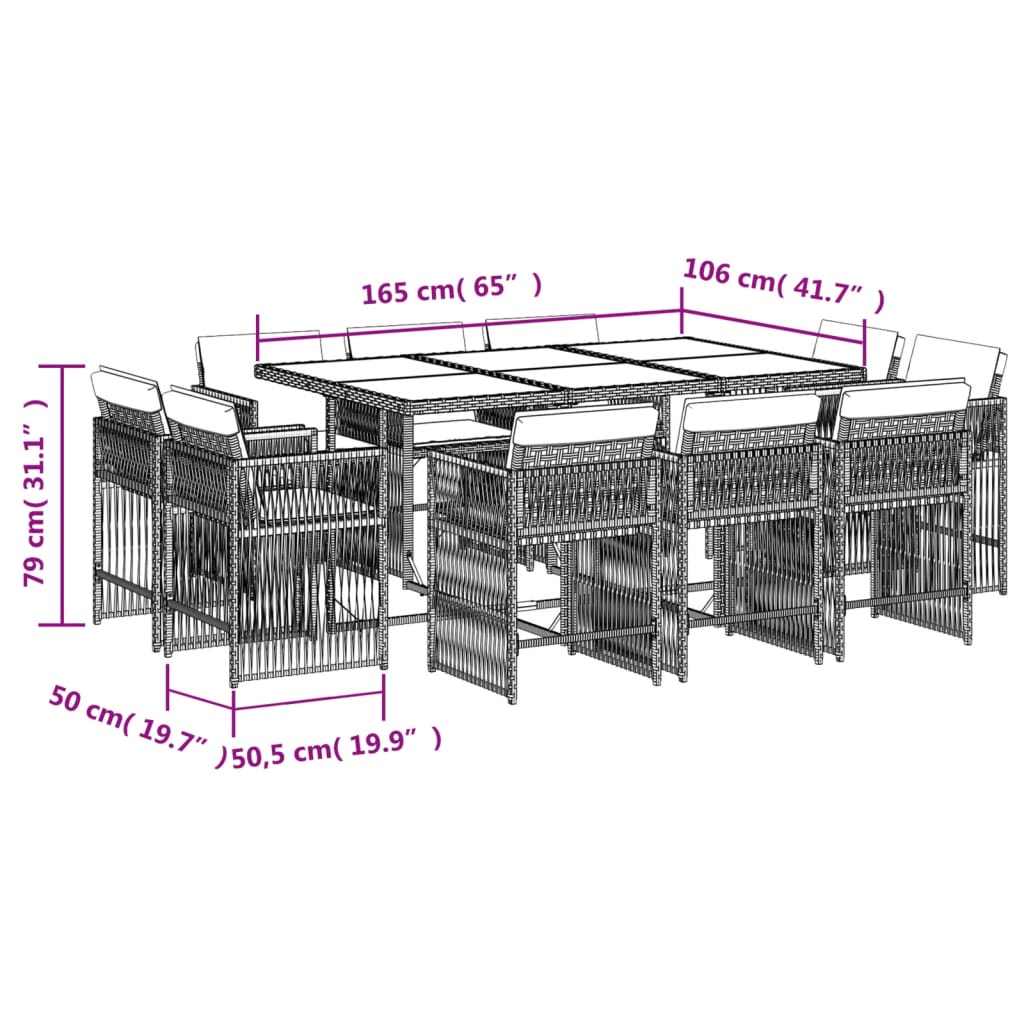 11 Piece Garden Dining Set with Cushions Grey Poly Rattan