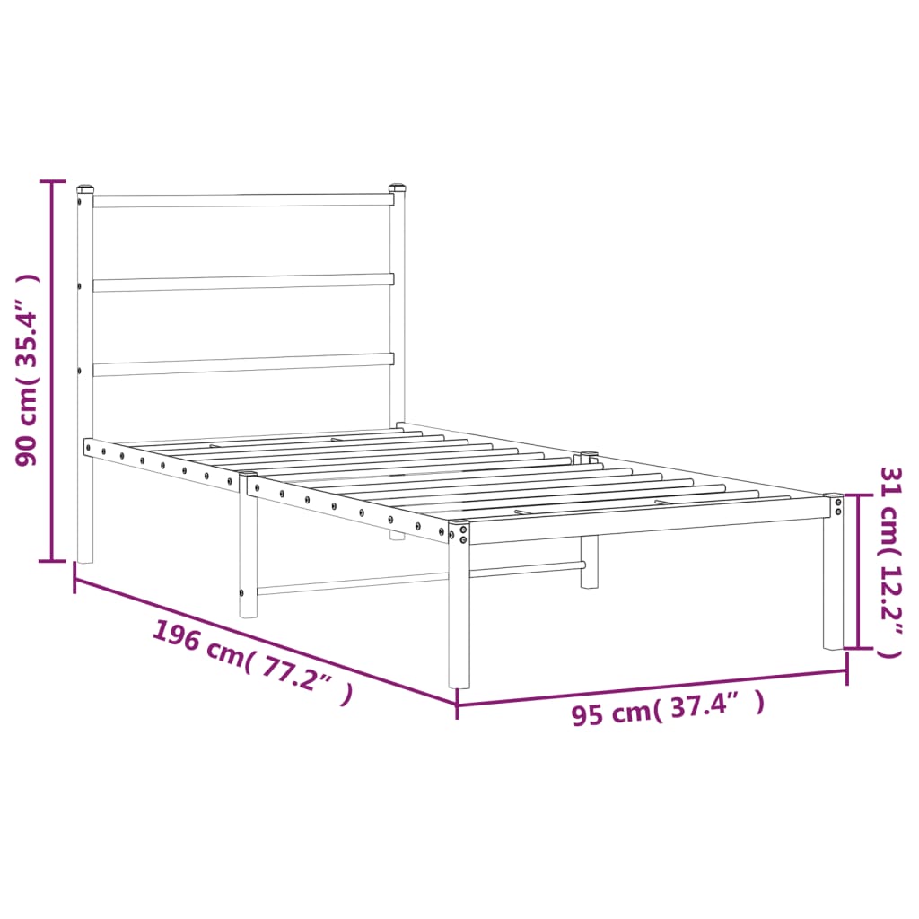 Metal Bed Frame without Mattress with Headboard Black 90x190 cm