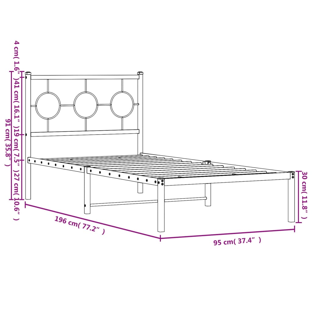 Metal Bed Frame without Mattress with Headboard Black 90x190 cm