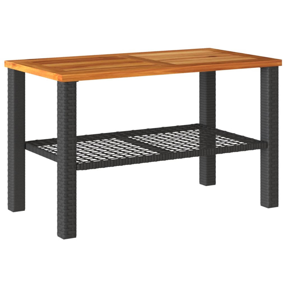 Affordable black garden table 70x38x42 cm in poly rattan and acacia wood, ideal for outdoor use, durable and quality design.