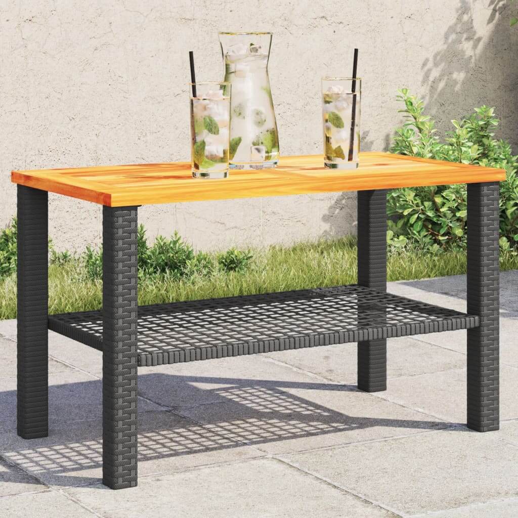 Black poly rattan and acacia wood garden table with drinks, ideal for affordable and quality outdoor DIY spaces.