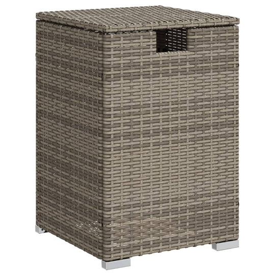 Grey poly rattan propane tank cover table, 40x40x60 cm, durable outdoor storage. Affordable and luxe DIY solution.