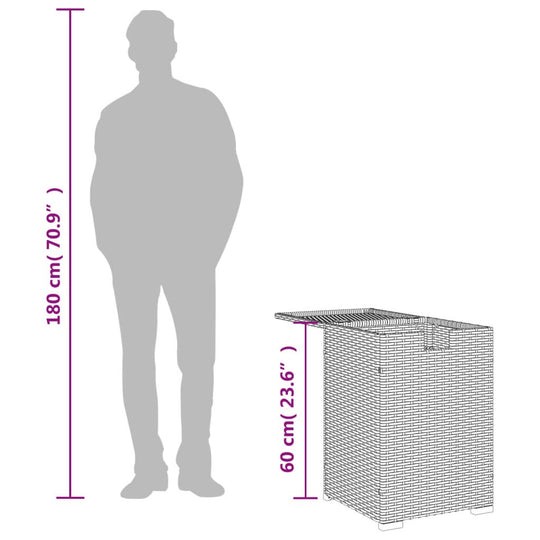 Size comparison of propane tank cover table in poly rattan, 60 cm height, with 180 cm person silhouette for scale.