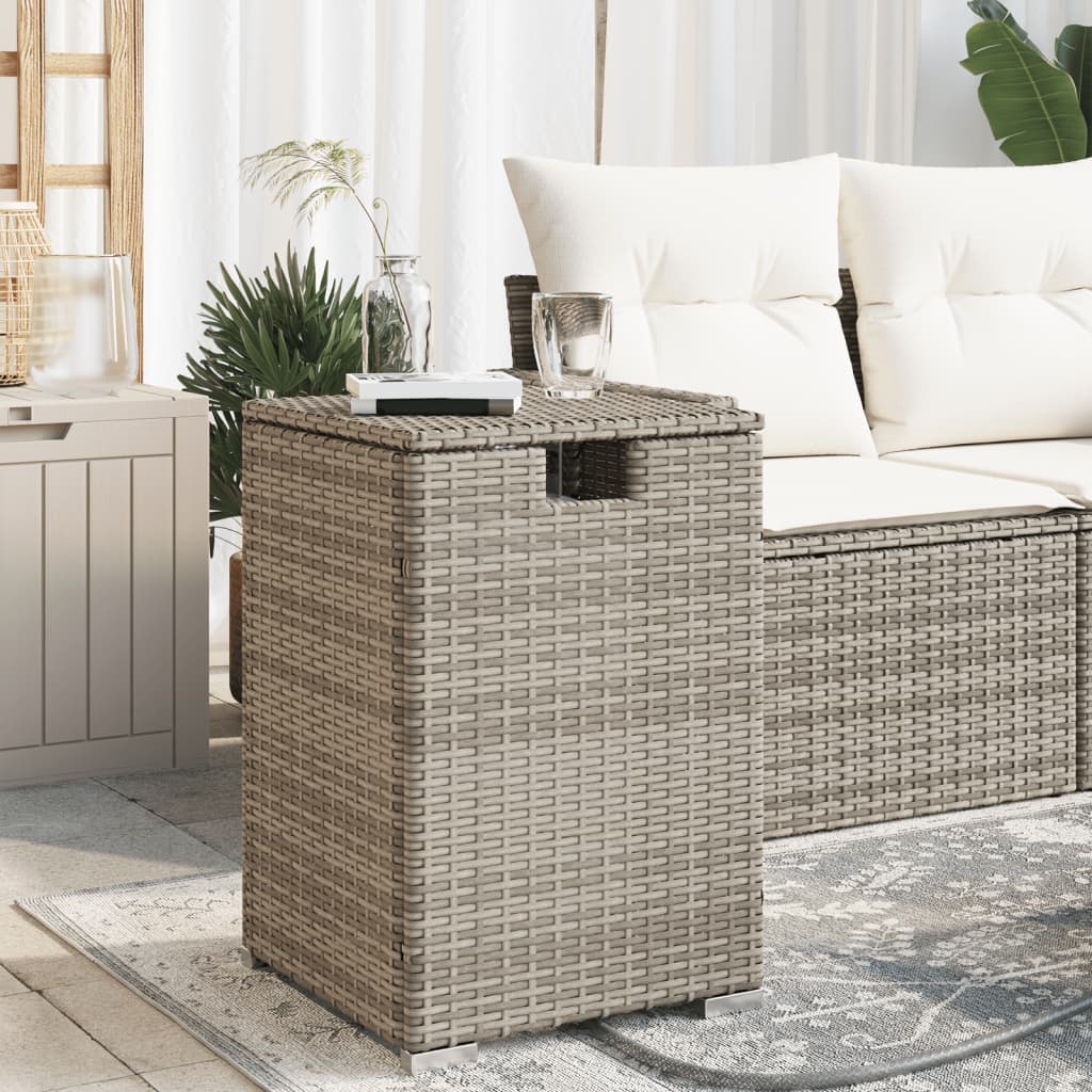 Grey poly rattan propane tank cover table 40x40x60 cm on patio, combines affordable quality with luxe DIY outdoor style.