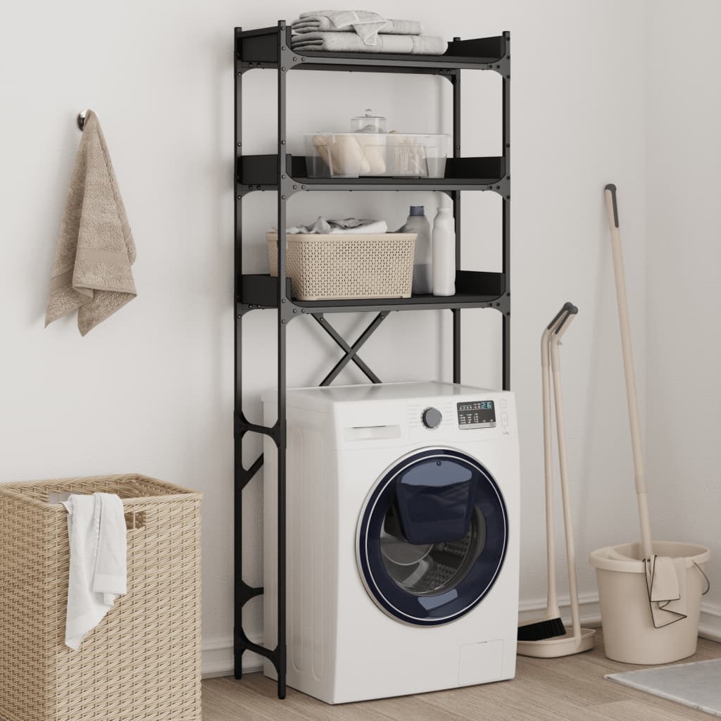 Black engineered wood washing machine shelf with 3 tiers for extra storage in bathroom or laundry room, showcasing quality and affordability.