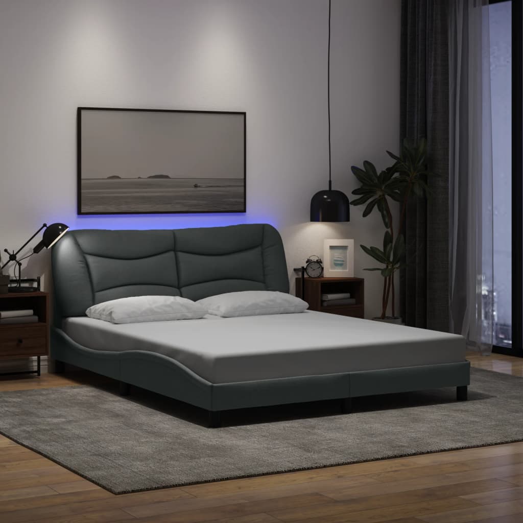 Bed Frame with LED without Mattress Dark Grey 152x203 cm Queen Fabric