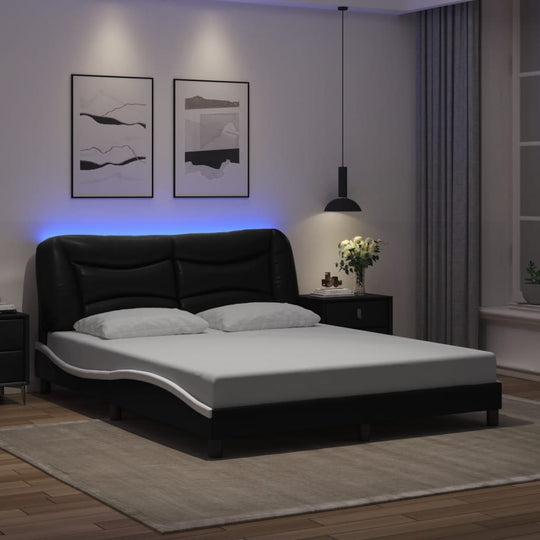 Bed Frame with LED without Mattress Black and White 152x203 cm Queen