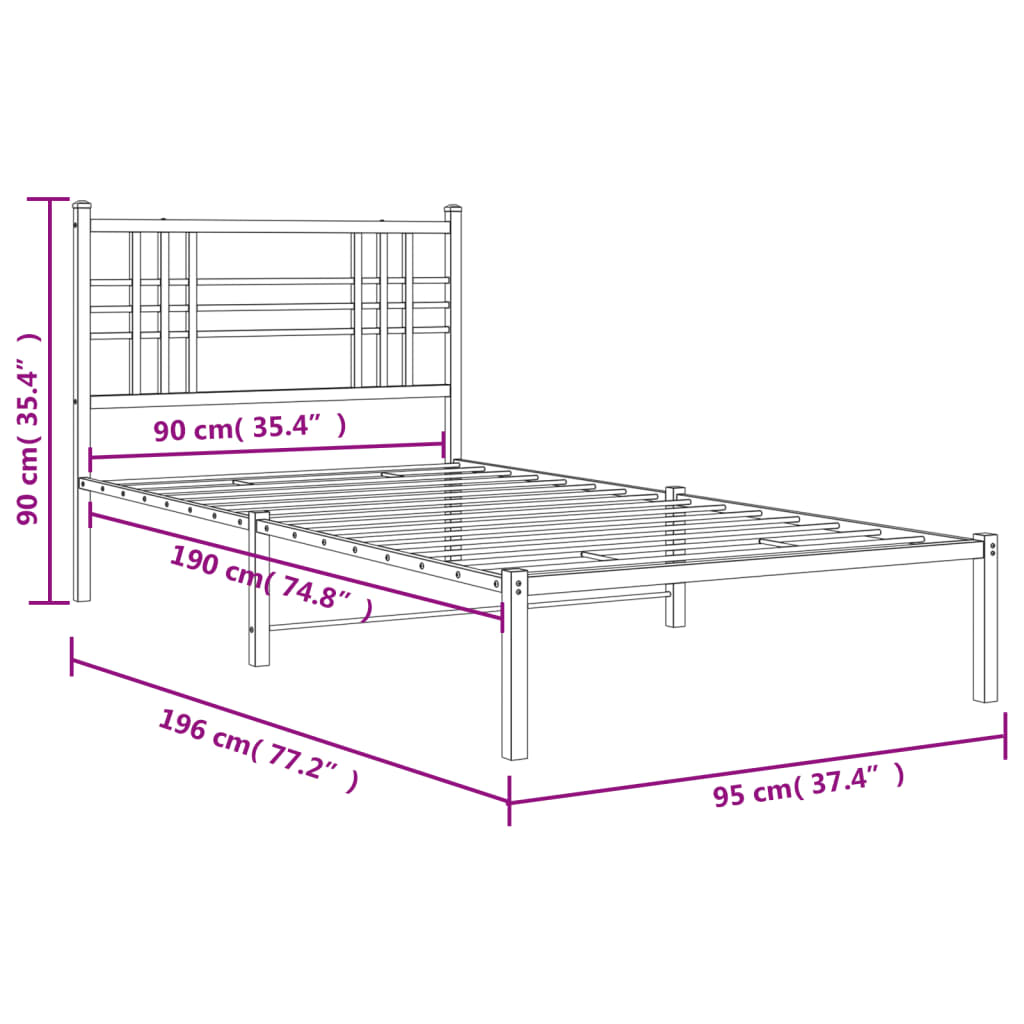 Metal Bed Frame without Mattress with Headboard Black 90x190 cm