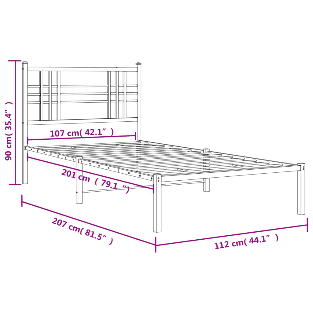 Metal Bed Frame without Mattress with Headboard Black 107x203 cm King Single