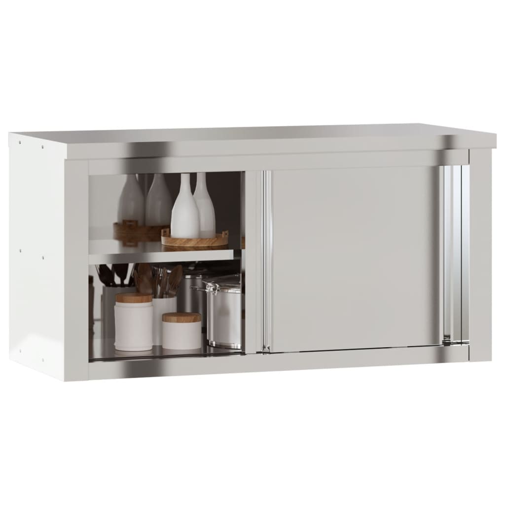 Stainless steel kitchen wall cabinet with sliding doors, ideal for budget-friendly and quality food storage in commercial spaces.