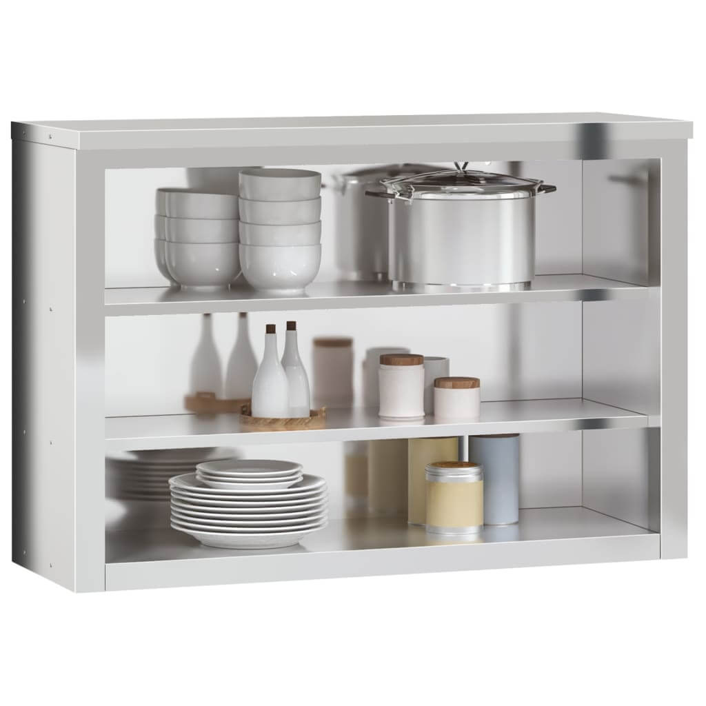 Stainless steel kitchen wall cabinet with shelves, displaying dishes and cookware, ideal for affordable and quality food storage solutions.